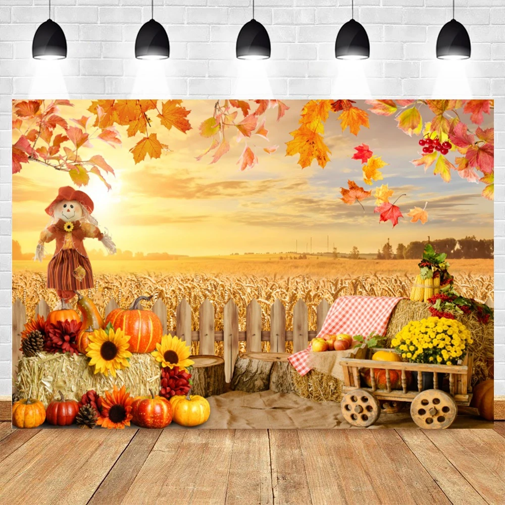 Autumn Scenery Photography Backdrop Fall Farm Barn Haystack Maple Pumpkin Truck Thanksgiving Baby Portrait Photo Background Prop