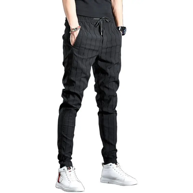 Trendy Men's Softener Elastic Waist Striped Denim Jeans Spring Autumn Casual Slim Fit Tapered Floral Embroidery British Pants