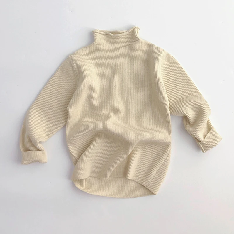 Autumn Spring Korean Style Long Sleeved Solid Color Knitted High Neck Bottom Shirt Baby Boys Girls Pullover Sweater