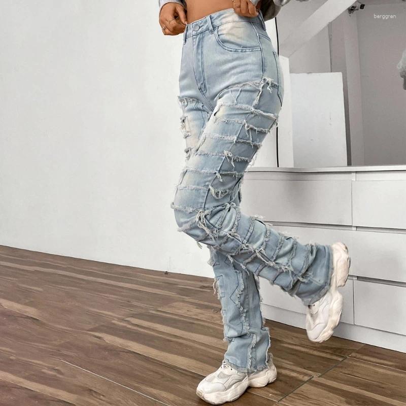 Womens Jeans Women Stacked Ripped Fit Jean Destroyed Straight Stretch Denims Pants Z260313