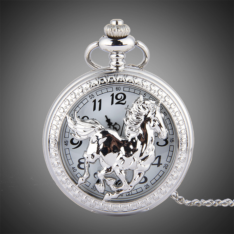 Luxury Animal Horse Pocket Watch Mens Male Silver Elegant Pocketwatch With Chain Masculino Relogio Dad's Gift Clock VintageSaati