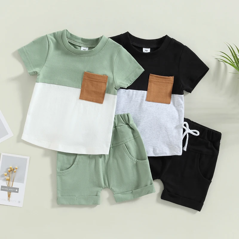2023-02-01 Lioraitiin new 0-3Years Toddler Boys 2Pcs Summer Outfit 2025 Sets Short Sleeve Contrast Color Tops Solid Drawstring Shorts