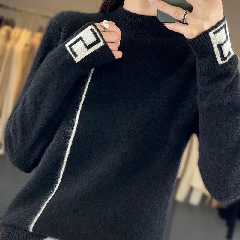 BELIARST Autumn Winter 2023 New Women's Half High Collar 100% Merino Wool Sweater Knit Pullover Color Matching M-8134