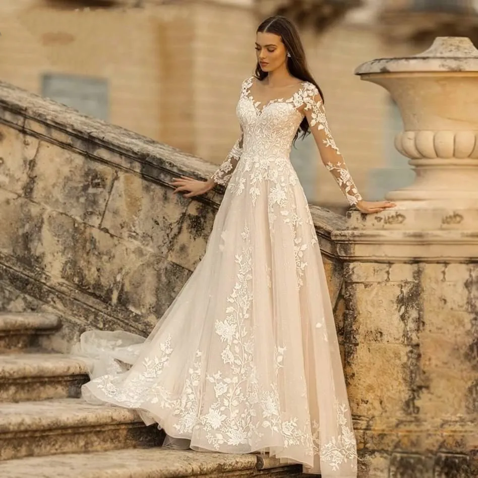 Elegant Sweetheart Wedding Dresses 2024 Lace A-Line Long Sleeve Bridal Gown Applique new Tulle 2025 Vestidos De Novia Lace-Up Sweep Train
