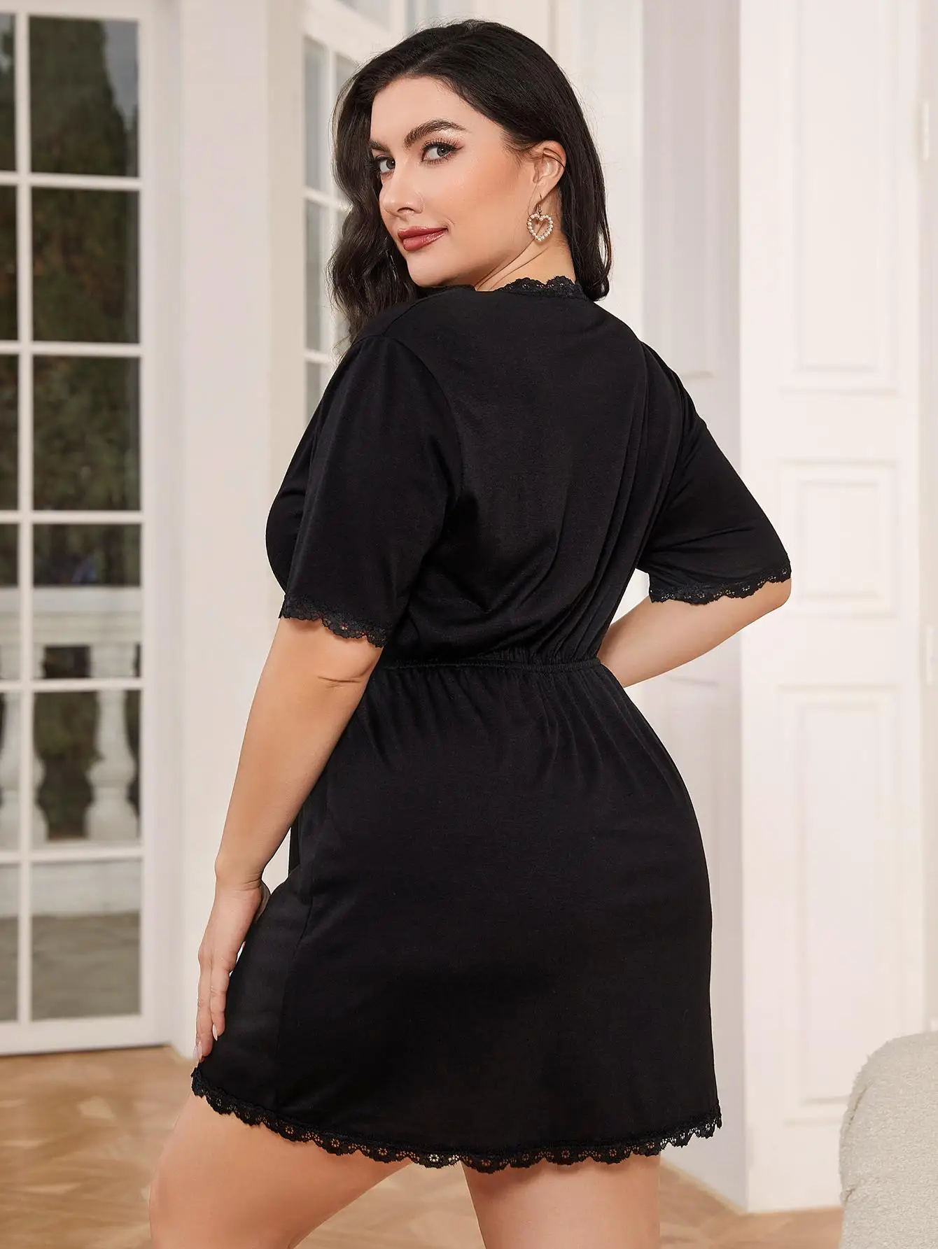 Plus Size Women Nightgowns Deep V Neck Sexy Sleepwear Short Sleeves Hem Homwear Elastic Waist Nighty Nightwear Loungwear Dress