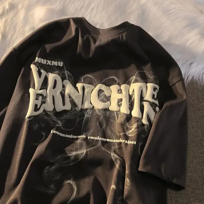 American retro large size short sleeved t-shirt men retro smoke print loose wild ins trend couple summer tops men clothing y2k 240321