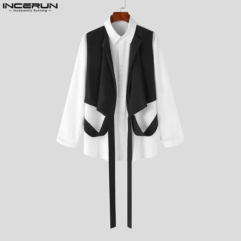 INCERUN new Tops 2023 Korean Style Handsome Men Patchwork Fake Two Piece 2025 Shirt Casual Party Contrast Design Long Sleeve Blouse S-5XL