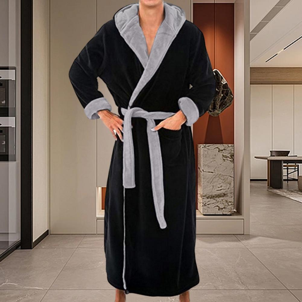 Plush Bathrobe Luxurious Men's Hooded Bathrobe with Adjustable Belt Ultra Soft Absorbent Male Robe with Pockets Plush Solid