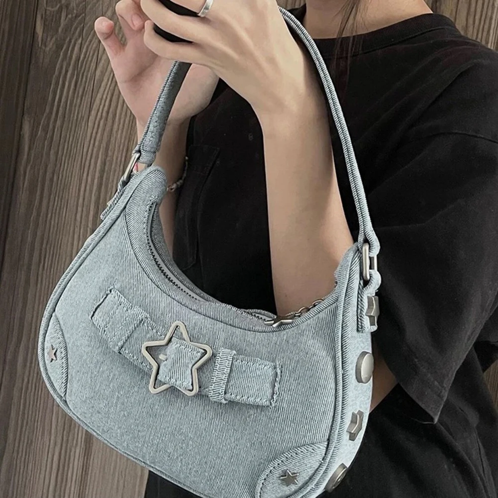 Chic Retro Y2K Underarm Shoulder Bag in Solid Colors - Women's Denim Hobo Purse Featuring Distinctive Star Detail