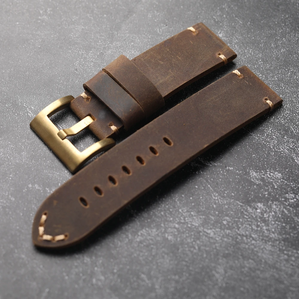 Handmade Crazy Horse Leather Genuine Leather Bracelet 20MM 22MM 24MM 26MM Thick Rugged Style Copper Buckle Men's Watch Strap