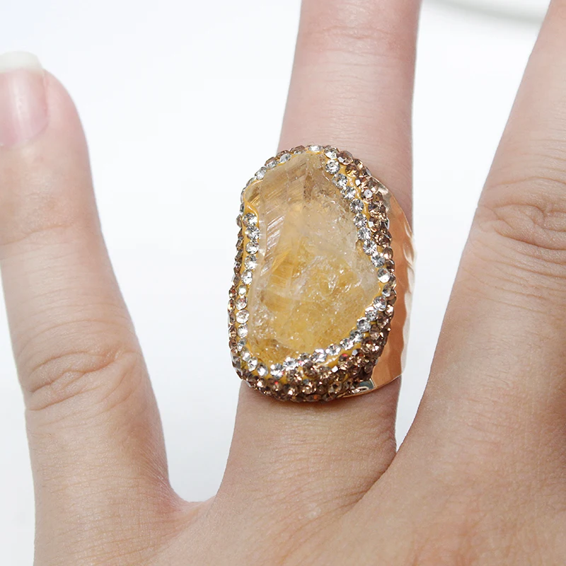 Irregular Citrine Open Ring for Women Micro Inlay Adjustable Reiki Natural Stone Finger Jewelry - view 1