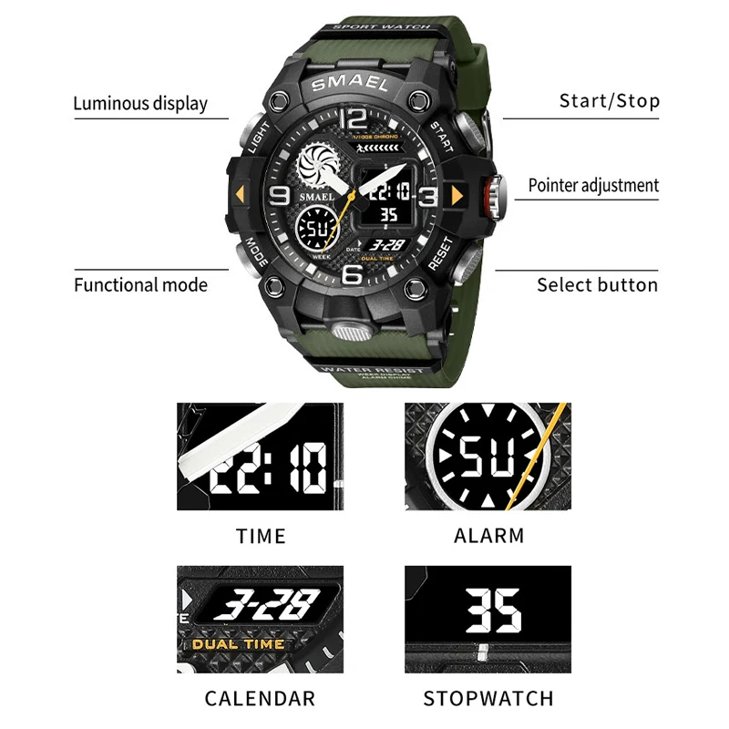 SMAEL Quartz Watch Sport 50M Waterproof Stopwatch Week Display LED Digital new Alarm Clock 2025 Male 8055 Men Watches Sports Wristwatches
