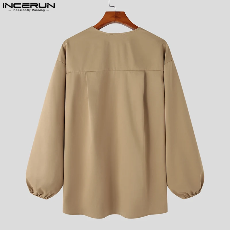 INCERUN 2023 Men Shirt Solid Color V Neck new Long Sleeve Loose 2025 Vintage Men Clothing Streetwear korean Style Casual Shirts S-5XL