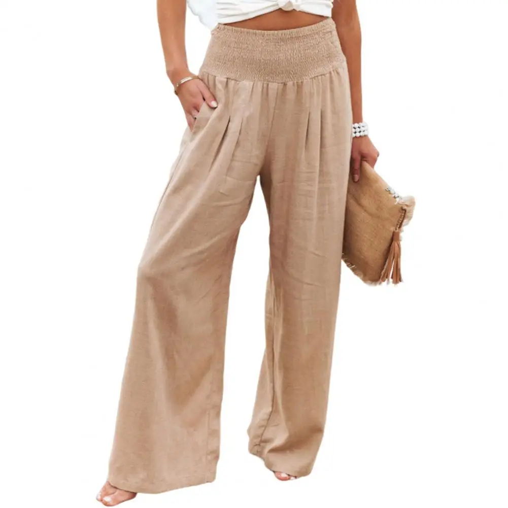 Women Summer Pants Solid Color 2025 new Wide Leg Mid Elastic Waist Full Length Loose Soft Breathable Lady Pockets Trousers Sweatpants