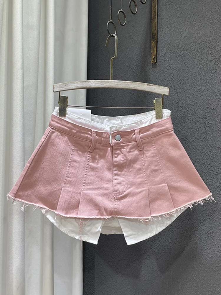 DEAT Trend Contrast Color Patchwork Denim Skirt Women Hem Burrs High Waist Loose Wrap Hip 2025 Skirts new Female 2024 Spring New 11XX1592