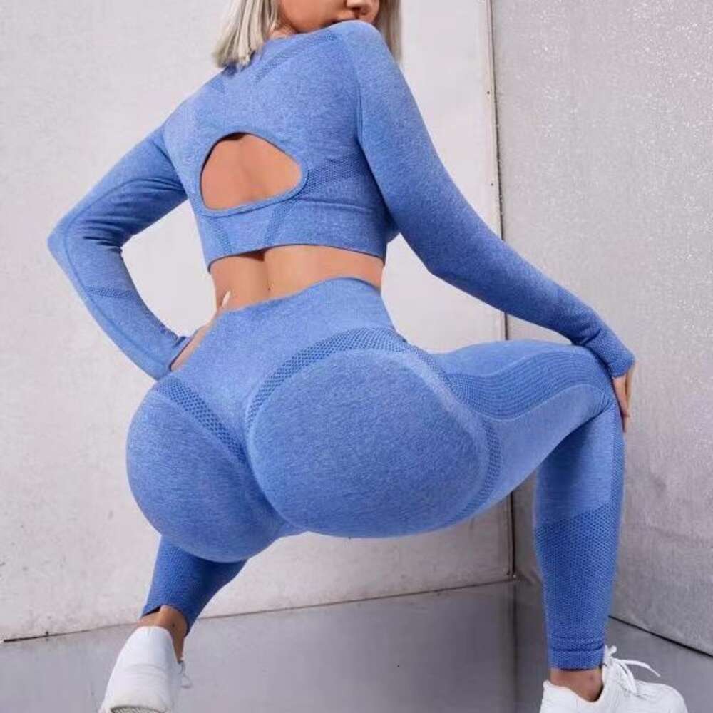 Hollow Out Long Sleeved High Waisted Hip Lifting Exercise Yoga Pants 2-piece Set