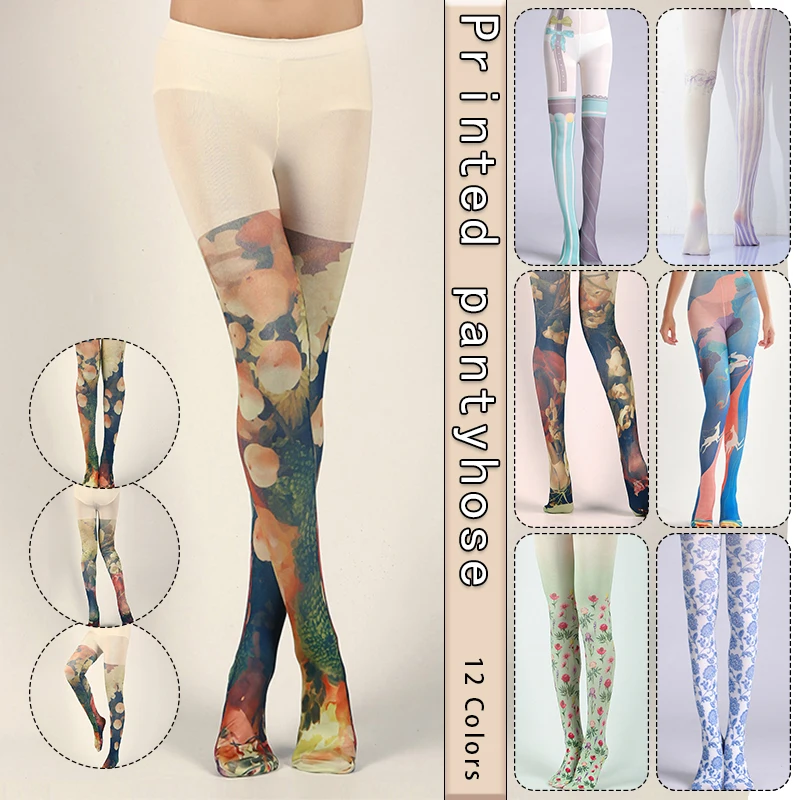 Sweet Lolita Print Pantyhose Sexy Japanese Harajuku Stretch Tights Women Y2K Girls Yoga Pants Tattoo Pantyhose Xmas Sotckings