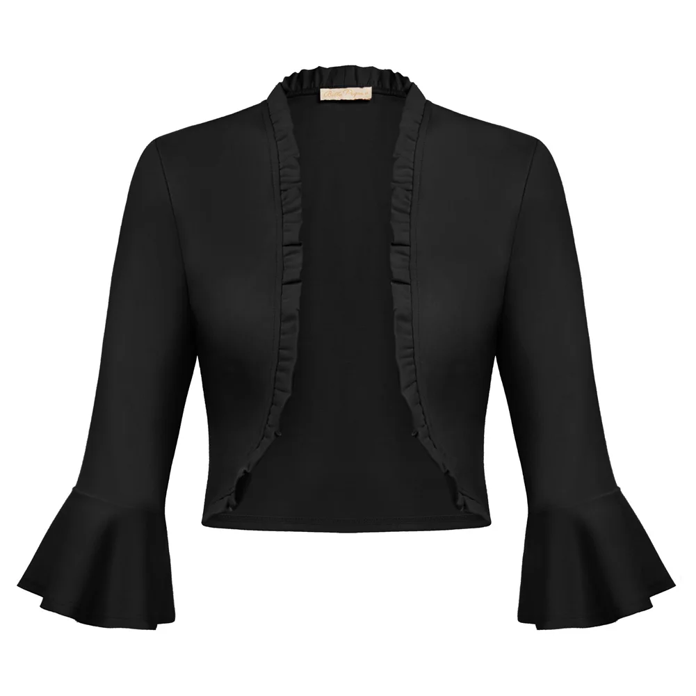 Belle Poque Women 2025 Vintage Ruffled Trim Shrug 3/4 Bell Sleeve Open Front Cropped Bolero Cover Up Slim new Shrug Solid Spring Cardigan