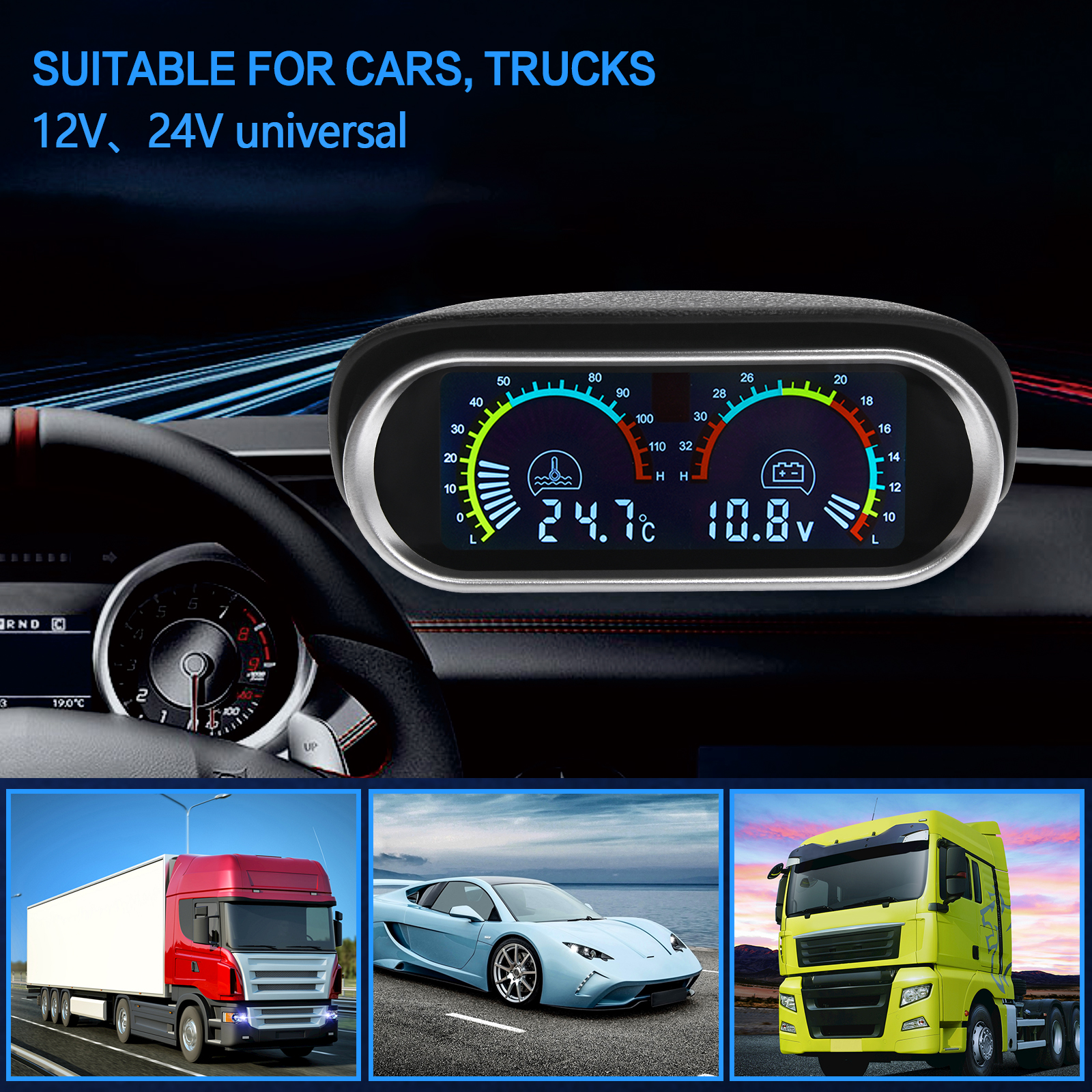 Digital Horizontal 2 in 1 LCD Water Temperature Voltmeter Volt Gauge With 10mm 1/8NPT Temp Sensor For 12V/24V Car Truck