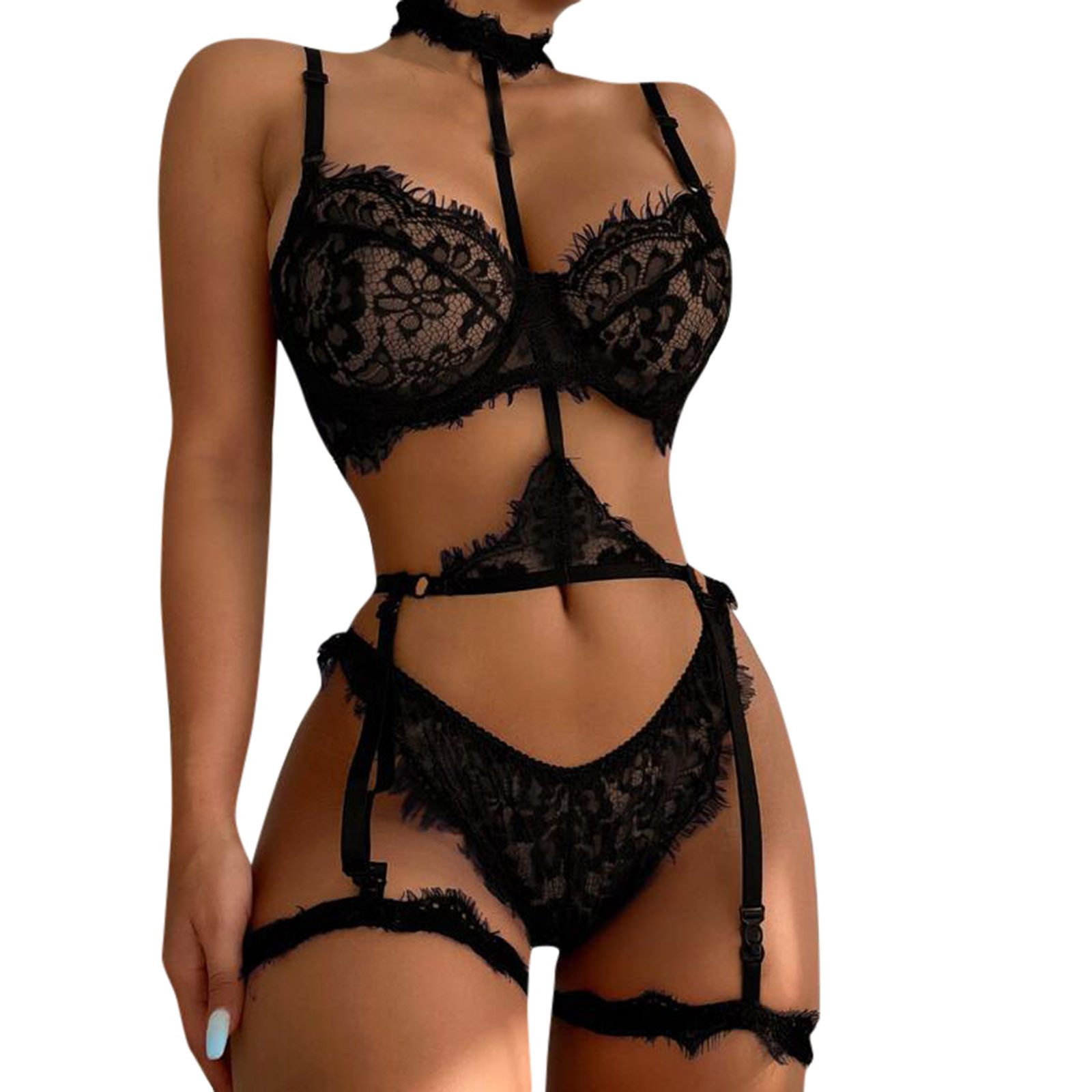 Hot Erotic Bra Thongs Garters Set Sexy Lingerie Set Women Underwear Set Porn Erotic Costumes Transparent Lace Halter Babydoll