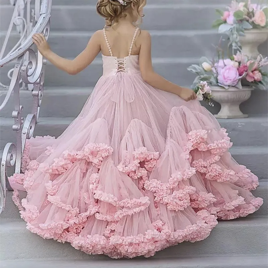 Pink Flower Girls Dresses Tulle Beaded Tiered Skirt Wedding Elegant Child's First Eucharistic Party Kids Birthday Girl Pageant Gowns 0509