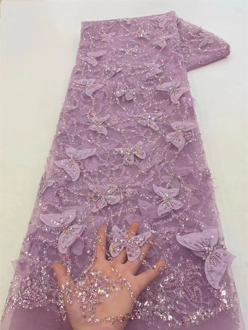 2023 Luxury 3D Lace Fabric Dubai Hand Beaded Tulle Lace Fabric Embroidered Applique African Nigerian Fabric For Sewing