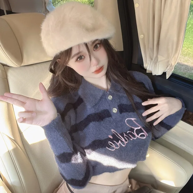 Women Stripe Mink Fur SweaterTurn-down new Collar Long Sleeve Pullover Sweater Autumn 2025 Winter Tops