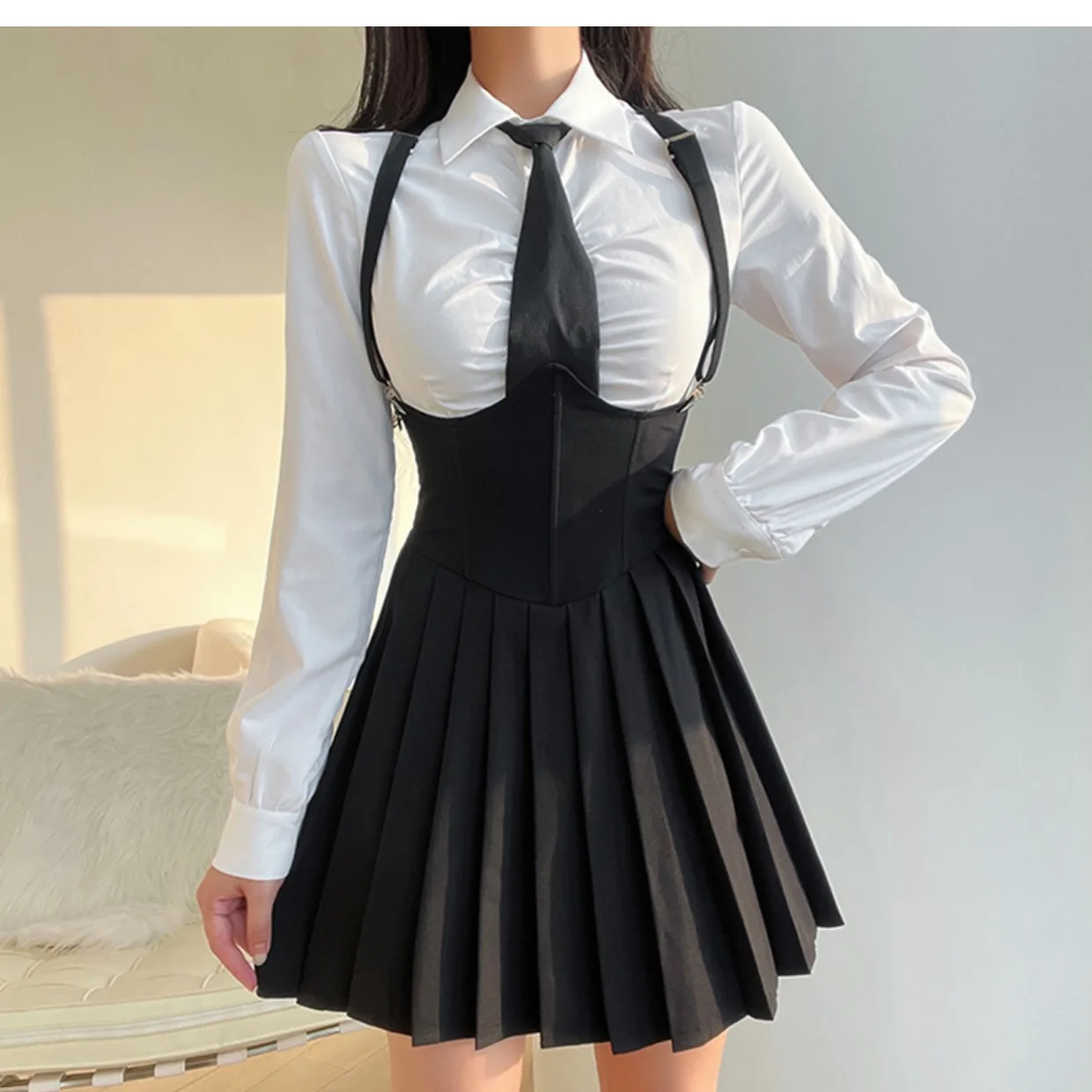 Women Size 4XL Sexy JK Uniform Suit Slim American Sugar Spicy Girls College 2025 Style Uniform Set Shirt White new + Strap Pleated Skirt