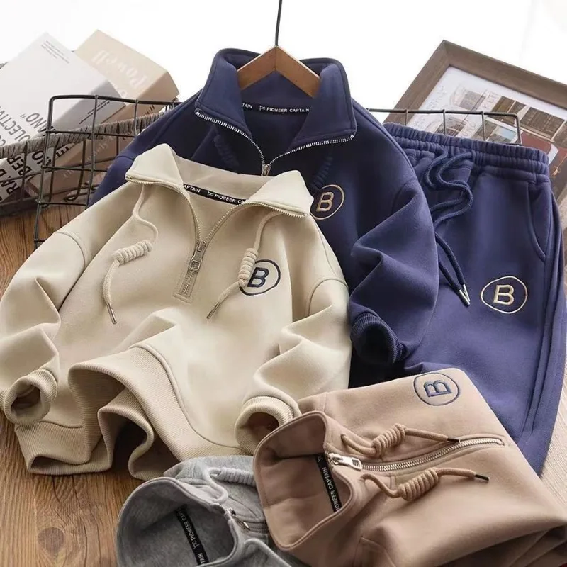 Thick Sweatshirts Children 2 Piece Sets Casual Pullover Long Sleeve Tops Boys Conjunto 2023 New Warm Sweatpants Kids Ensemble