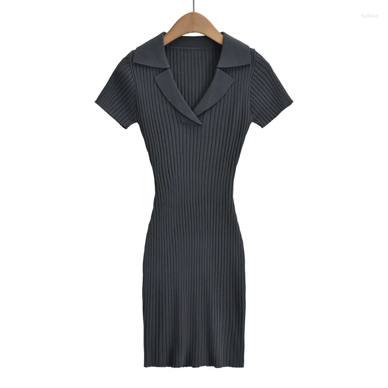 Party Dresses Mini For Women 2024 Summer Knitted Short Sleeve Dress Bodycon Black Polo Neck Vintage Clothes One Pieces