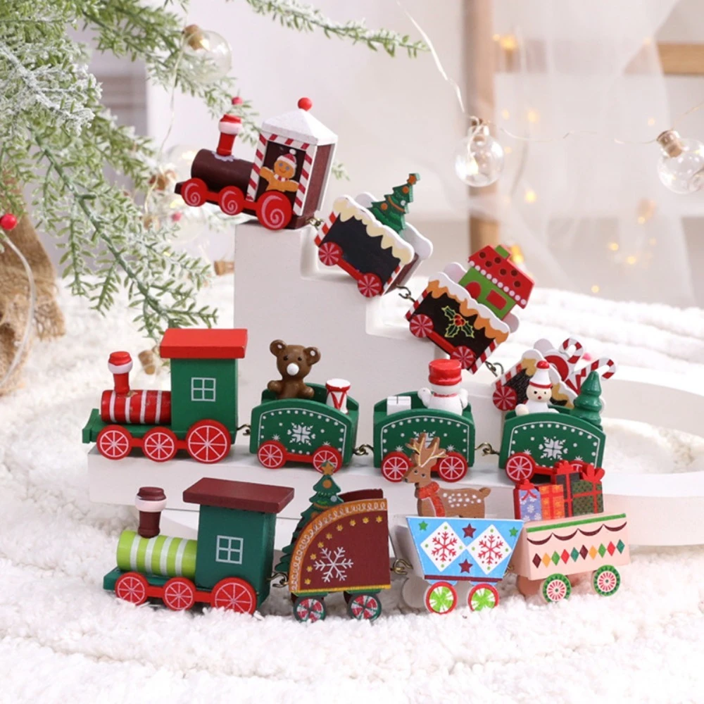 Wooden Christmas Train Ornament Baby Toys Cute Painted Toy Train with Santa Claus Snowman Crafts for New Year Xmas Kids Gifts