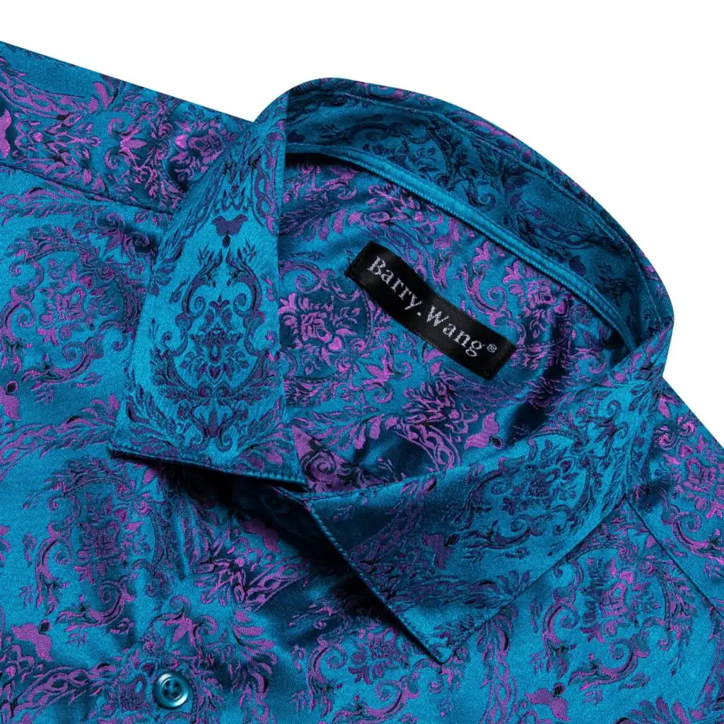 Elegant Men's Shirts Silk Long Sleeve Blue Flower Slim Fit Casual Lapel Male Tops Breathable Single Breasted Barry Wang