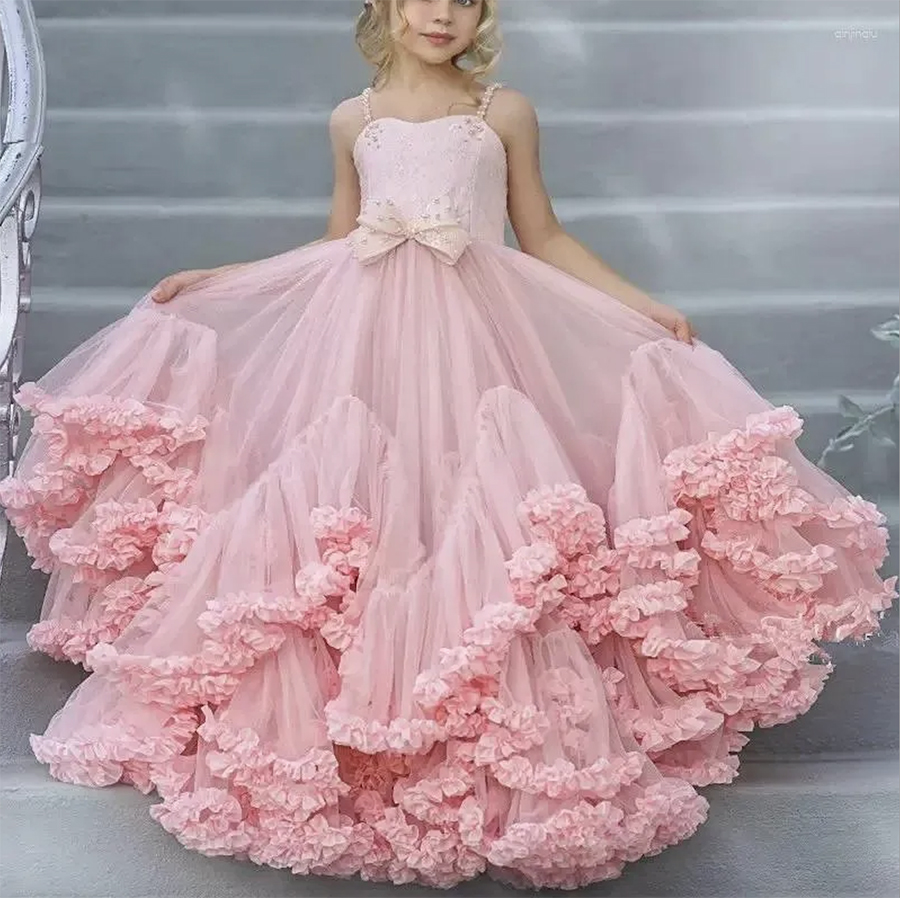 Pink Flower Girls Dresses Tulle Beaded Tiered Skirt Wedding Elegant Child's First Eucharistic Party Kids Birthday Girl Pageant Gowns 0509
