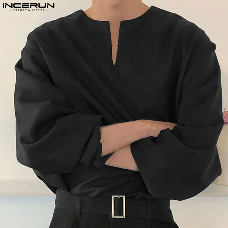 INCERUN 2023 Men Shirt Solid Color V Neck new Long Sleeve Loose 2025 Vintage Men Clothing Streetwear korean Style Casual Shirts S-5XL