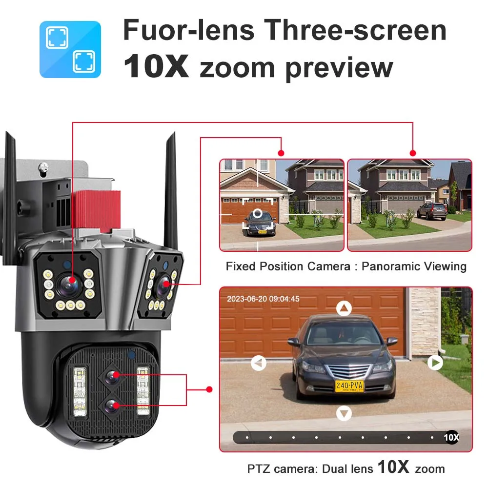 16MP 8K WiFi Camera Outdoor 10X Zoom Surveillance Four Lens Threen Screen PTZ Security Camera Video CCTV Ai Tracking Wide Angle