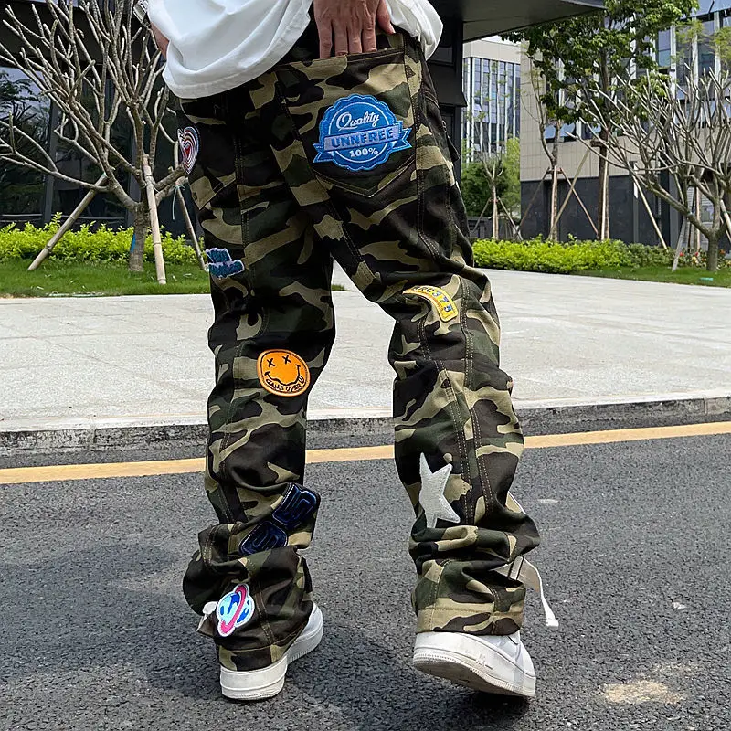 High Street Camouflage Patch Embroidered Jeans 2025 Men's Tide Brand American Street Hip-Hop Loose Straight Casual new Overalls Trendy