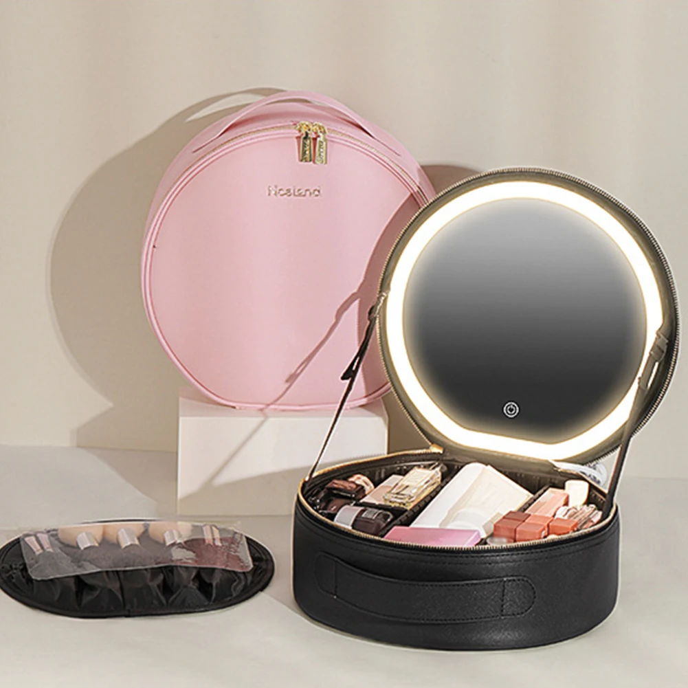 Makeup Organizer Bag Lighted Cosmetic Case with Mirror LED Portable Cosmetic Bag Large-capacity Makeup Storage Box