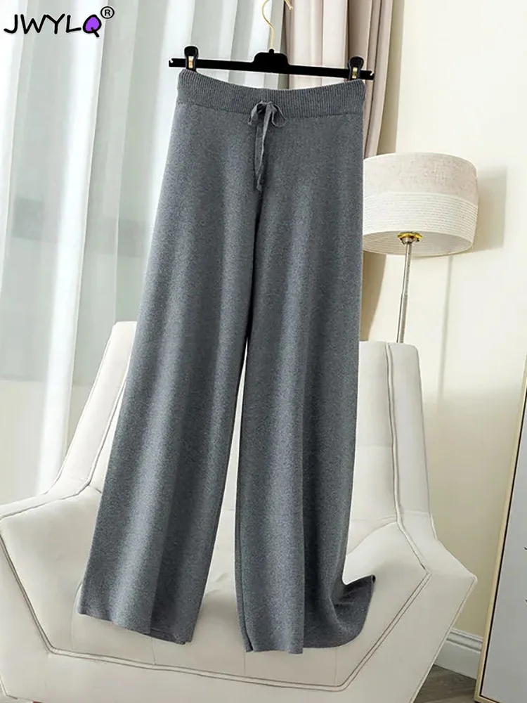 Drawstring Slim Waist Wide Leg Pant High Waist Loose Knitted Casual Pants 2023 Harajuku Solid Color Elegant Straight Pants Women