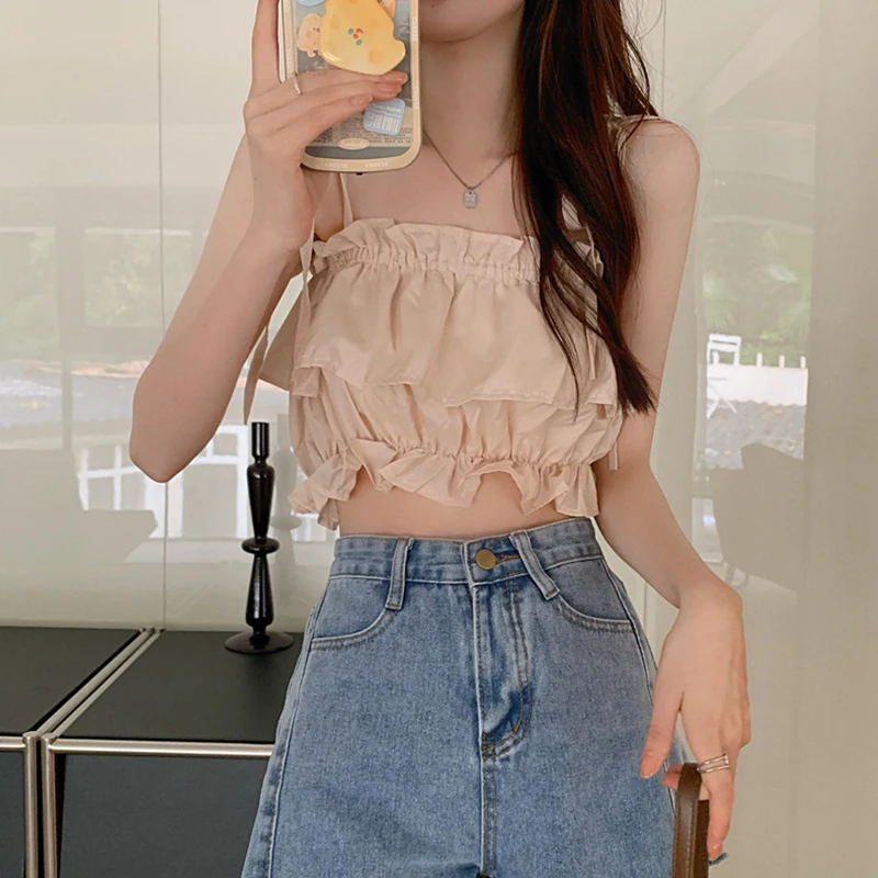 Women Summer Crop Camisoles Low-Cut 2025 Sling new Plain Ruffle Ruched Short Tops, Ladies Shoulder Straps Tie Slim Navel Vest