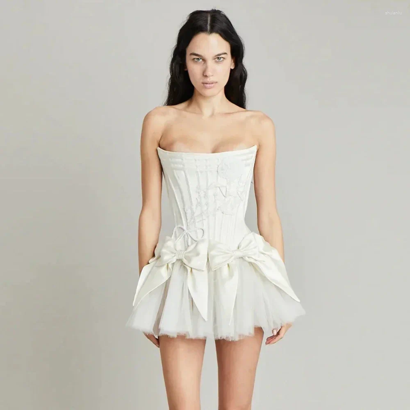 Casual Dresses DEIVE TEGER 2024 Summer Women'S A-Line Sheer Sexy Strapless Tight Mini Ball Dress With Backless Bow Formal Event Party