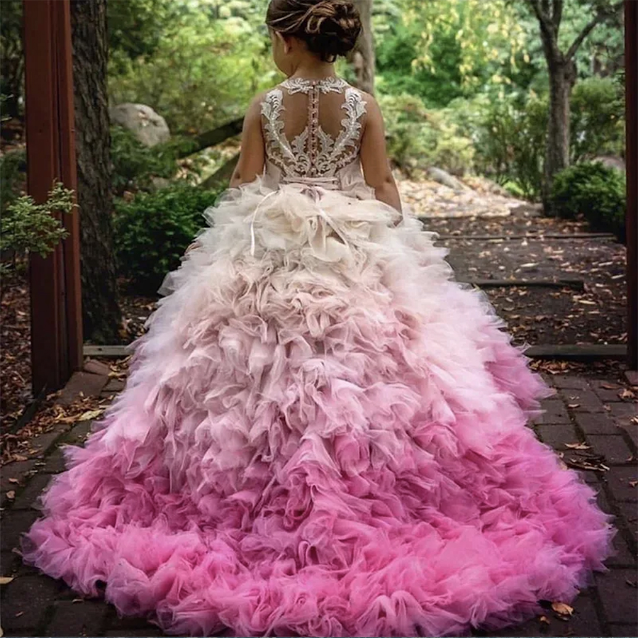Glamorous Colorful Tier Ruffles Pageant Cute Sheer O Neck Appliques Sequins Button Back Flower Girls Dresses Formal Kids Party Gowns 0431