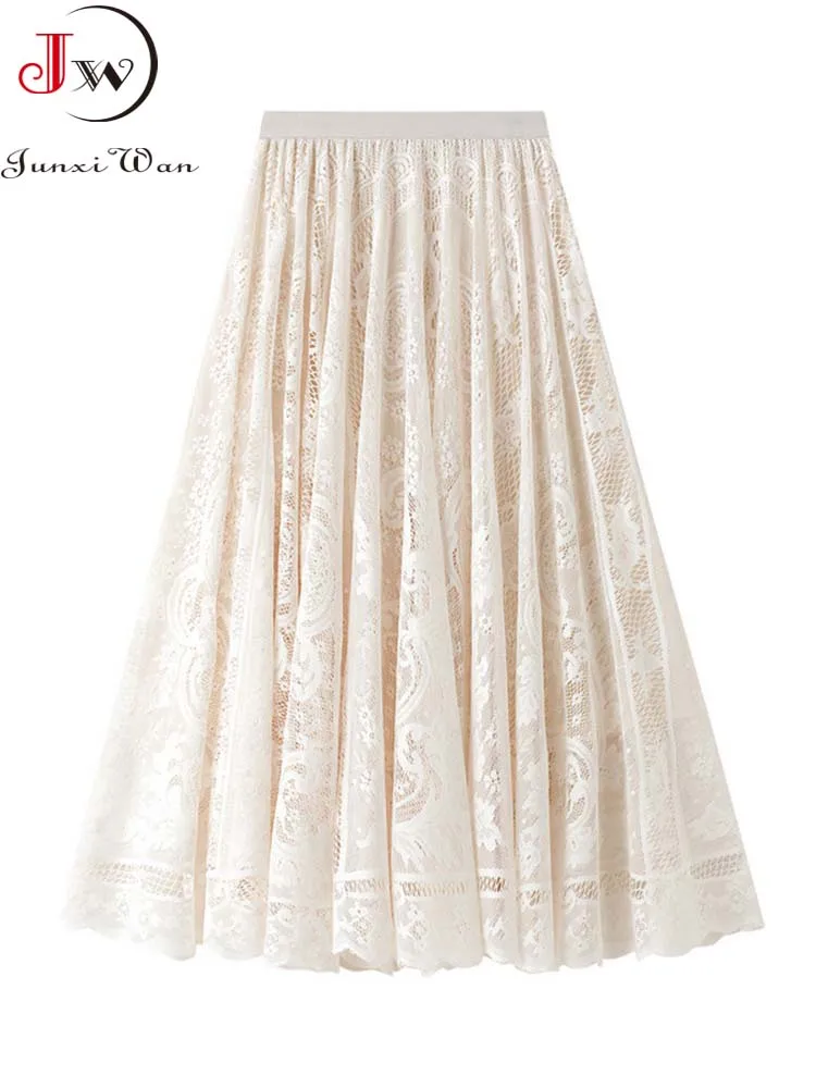 Spring Summer Women Lace Skirts Solid new High Waist Elastic Vintage Elegant Office Ladies White Black Chic 2025 Long Skirts Jupe Longue