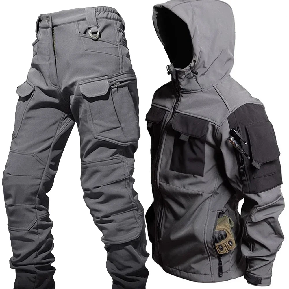Soft Shell Suit Men Waterproof Tactical 2 Pcs Set Shark Skin Windproof Hooded Jacket Multi-pockets Cargo Pants Uniforms