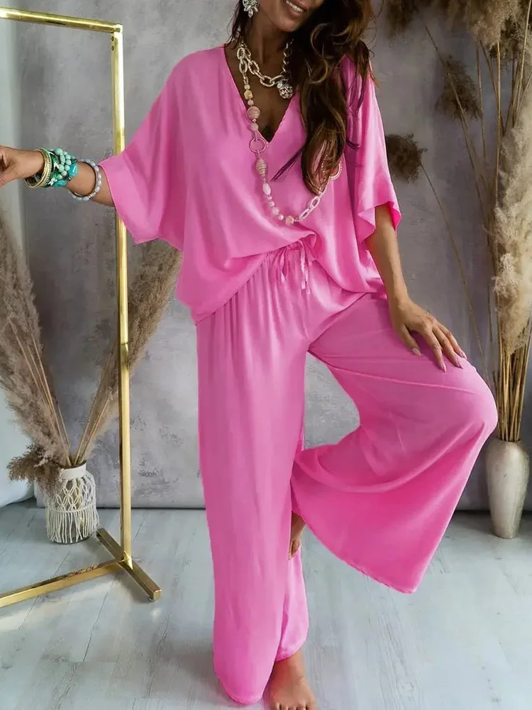 new Women Three Quarter Sleeve Tops Loose Long Pants Suit 2025 2023 Casual Streetwear Elastic Waist Set Female Solid Chic Trousers Outfit