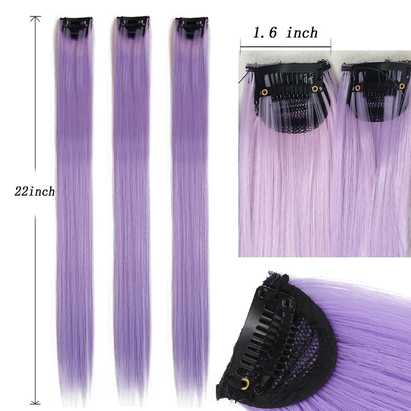 Colored Thick ks 55CM Straight Clip In Hair Extensions Synthetic Highlight Rainbow Hair Clips Grey Blue Purple Hairpieces smile
