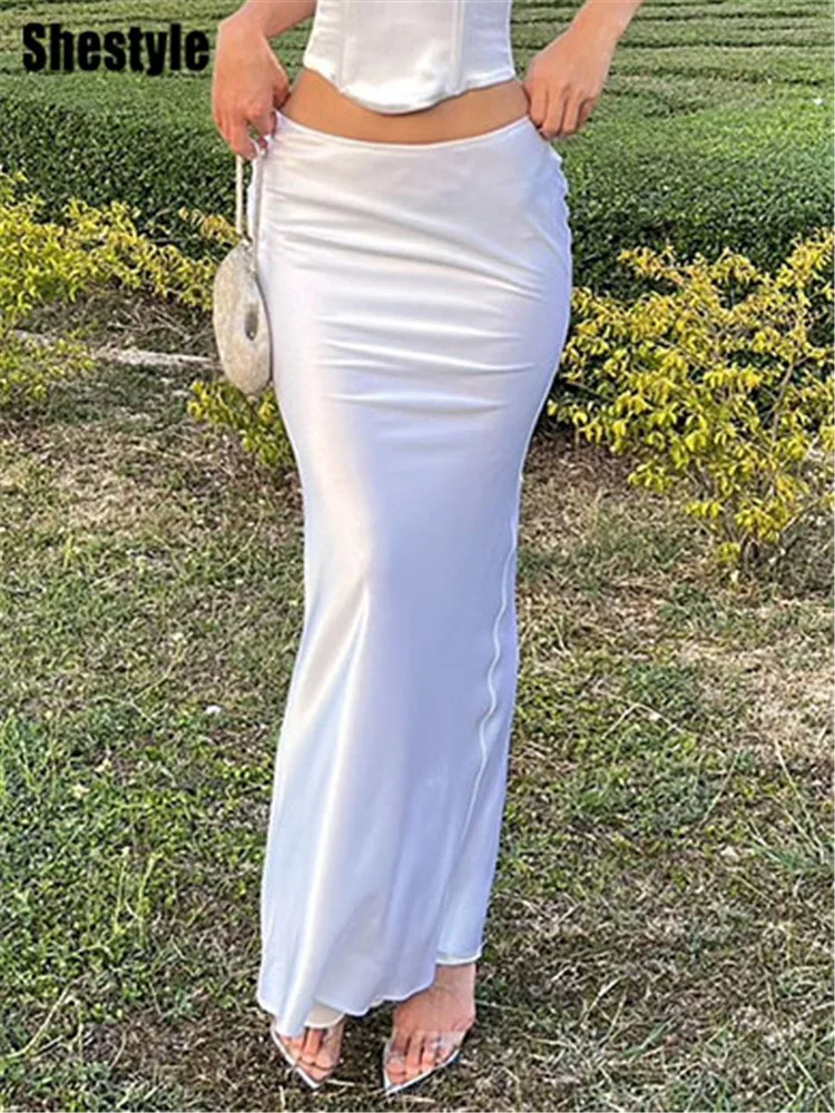 Shestyle Elegant Sexy Flare Long Skirts Trumpets Women High Waist All-Match Satin Smooth Office Lady Bottom Outfits 2023 New
