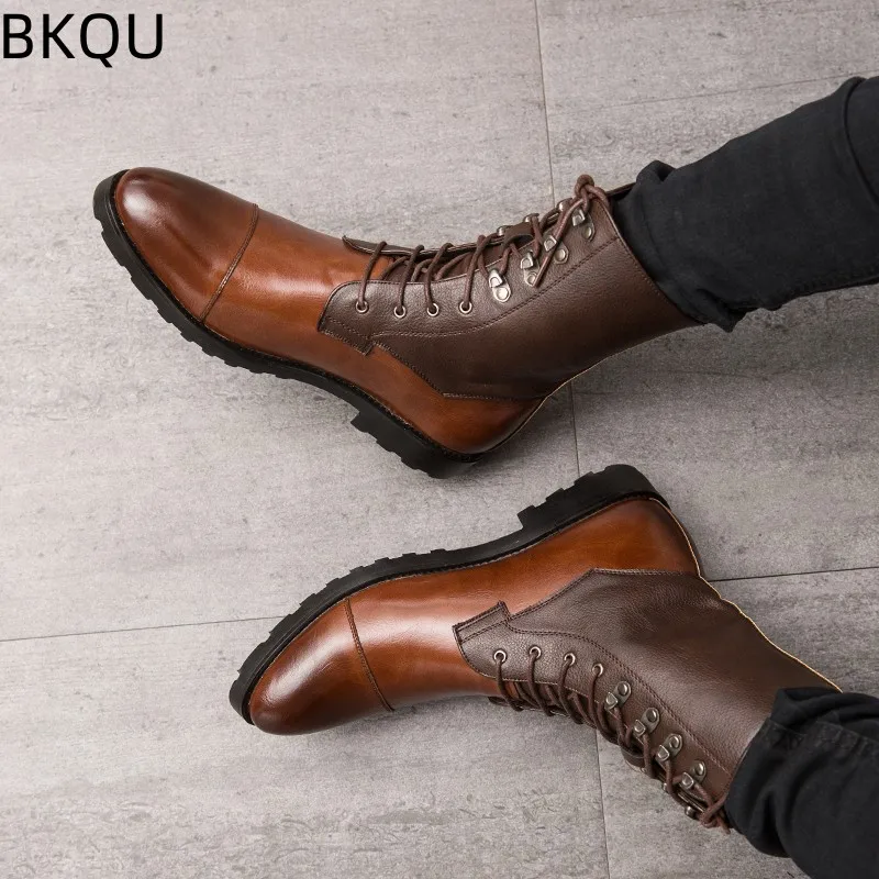 Men's Trendy High-top Boots Motorcycle Boots Leather Boots Non-slip Low-top Thick-soled Elastic Outdoor Wear-resistant Fashion