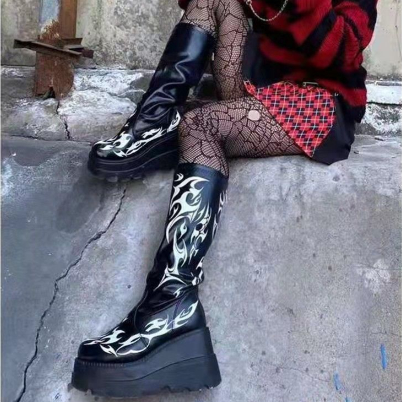 Thick Sole Women's Boots 2022 New Punk Pattern Print Wedge Heel Spice Girls Mid Boots Women Women Boots Shoes Platform Boots