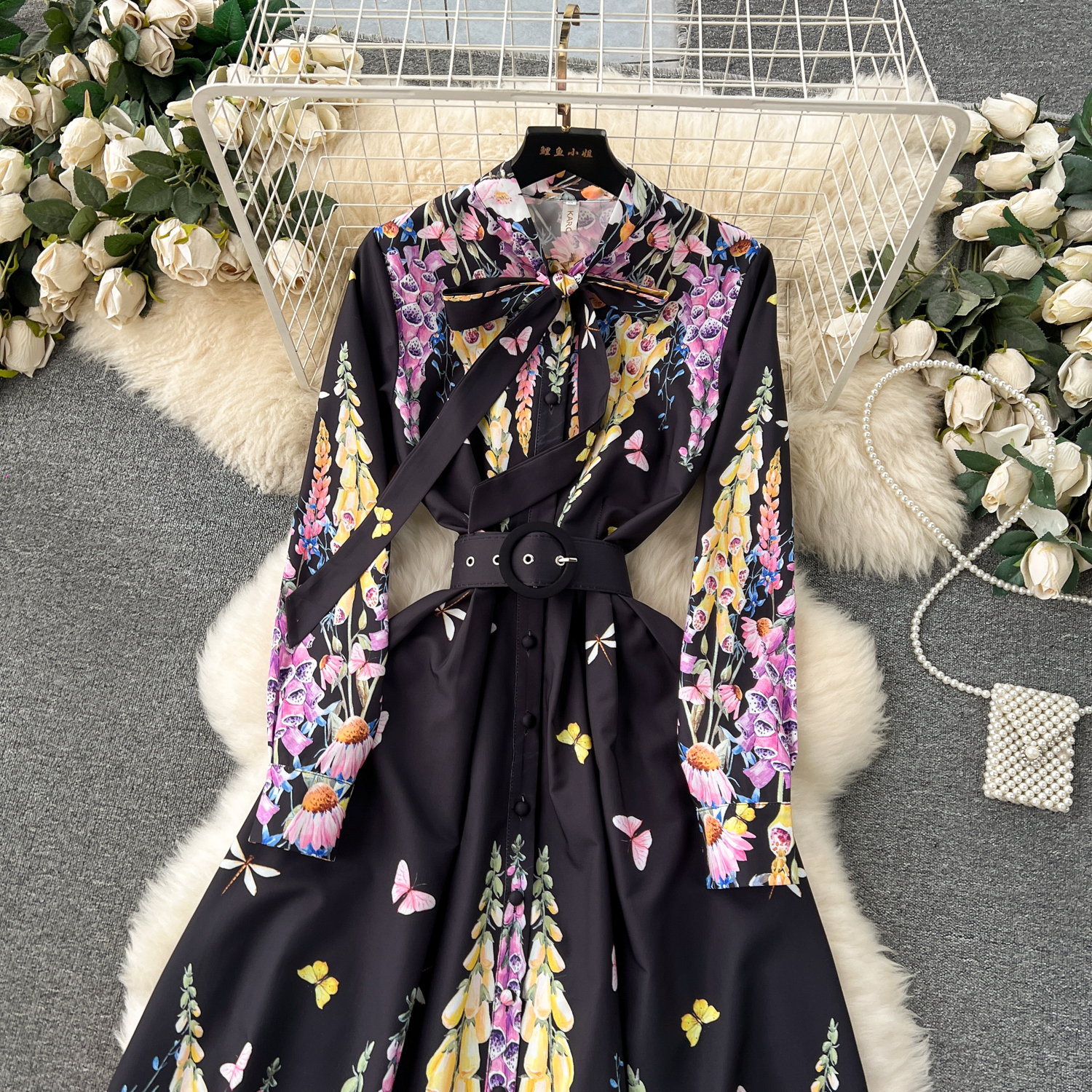 Basic Casual Dresses 2024 Summer Holiday Lavender Flower Dress Women Bow Collar Long Sleeve Floral Print Belt Single Breasted Belt Long