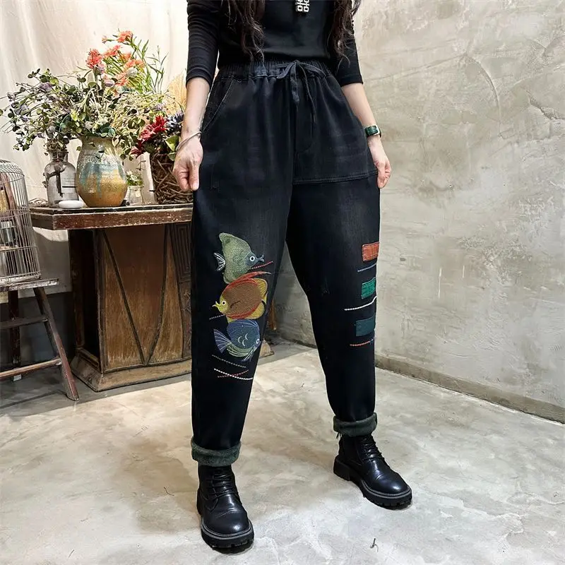 Vintage Embroided Plush Velvet Lined Baggy Jeans Women Winter Thicken Harem Denim Pants Streetwear Warm Ankle-length Vaqueros